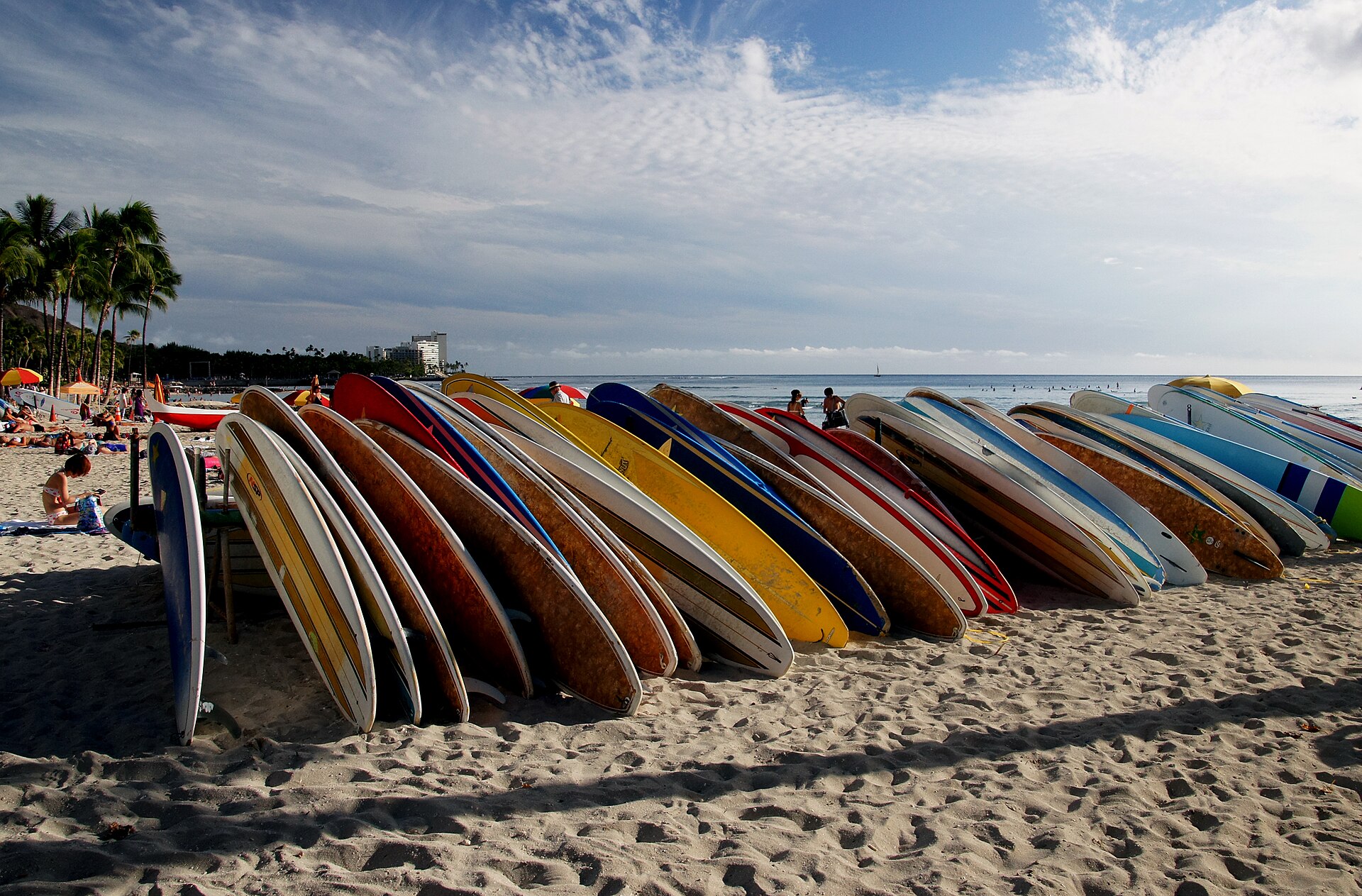 Surfboard racks on Waikīkī Beach today — Duke's legacy in the sand
